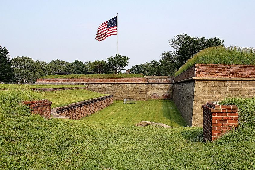 US Flag flying over Fort Jay on Governors Island, New York