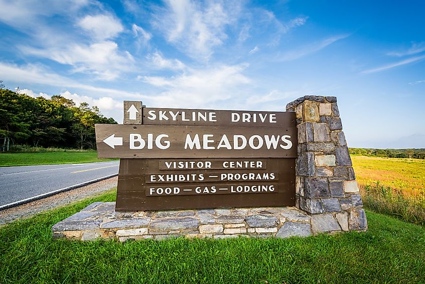 Sign for Big Meadows, along Skyline Drive, in Shenandoah National Park, Virginia.