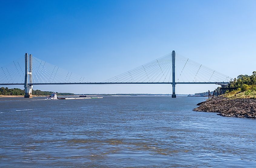 Modern cable-stayed suspension bridge, the Jesse Brent Memorial bridge across the Mississippi river. Credit: Steve Heap/ Shutterstock.com