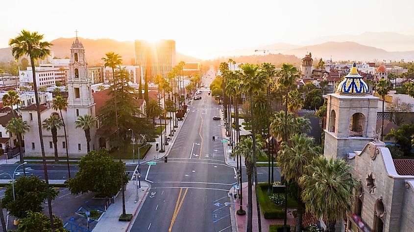 Sunset aerial view of historic downtown Riverside, California