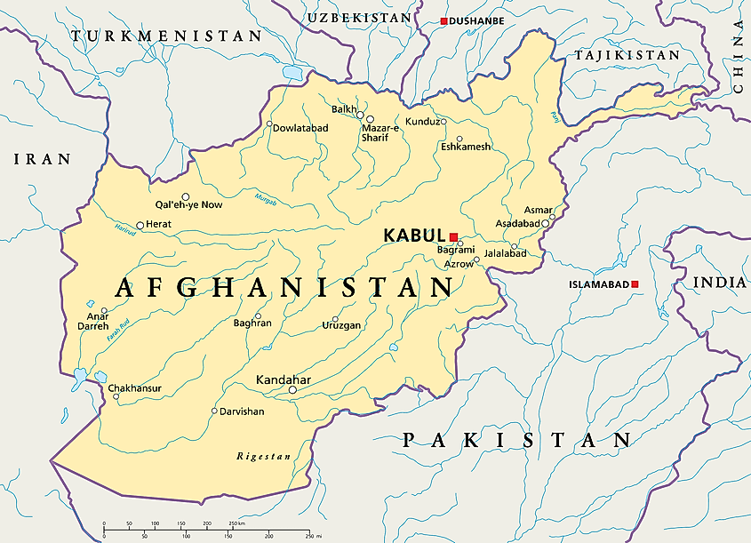 Map of Afghanistan with bordering countries.