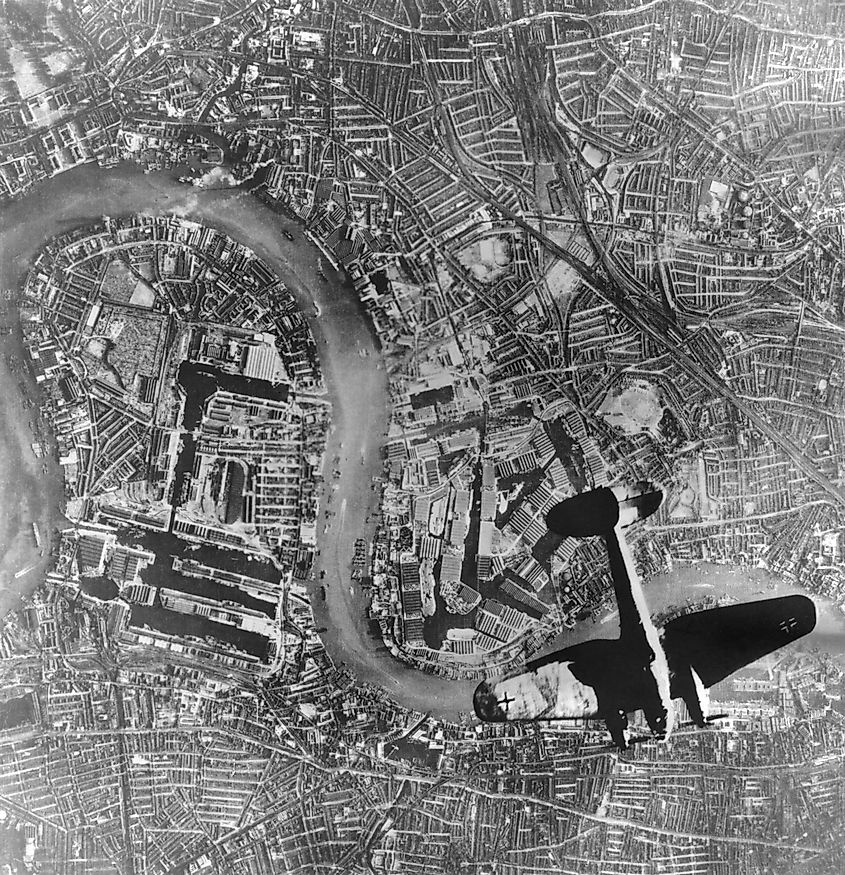 German Heinkel 111 bomber over London. Below is the River Thames and Tower Bridge. German photo taken Sept. 7, 1940 during first days of World War 2.