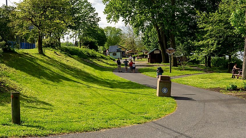 People walking on City Island at sunset in Harrisburg, Pennsylvania