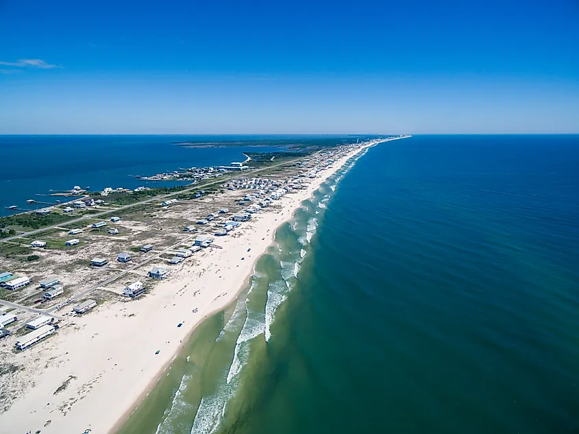 Drone/Aerial ocean photograph of the Gulf Shores, Alabama.
