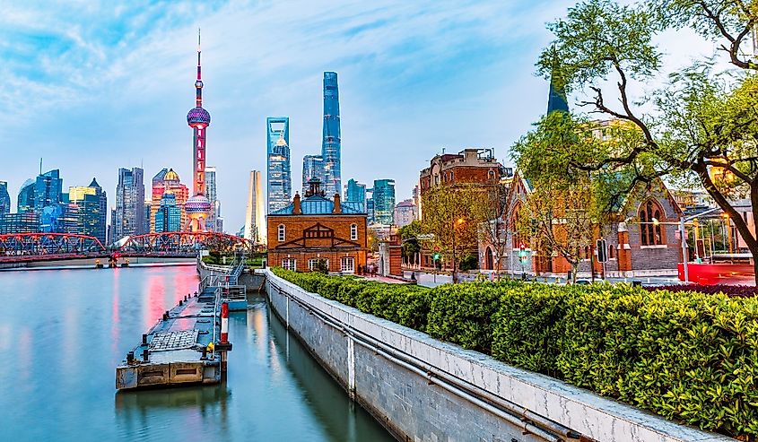 Shanghai skyline and modern city skyscrapers at night