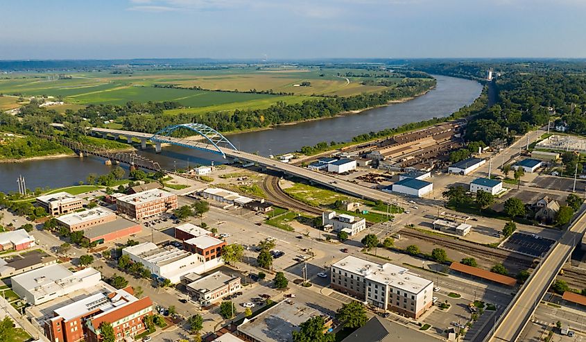 Aerial view over downtown city center of Atchison Kansas in mid morning light