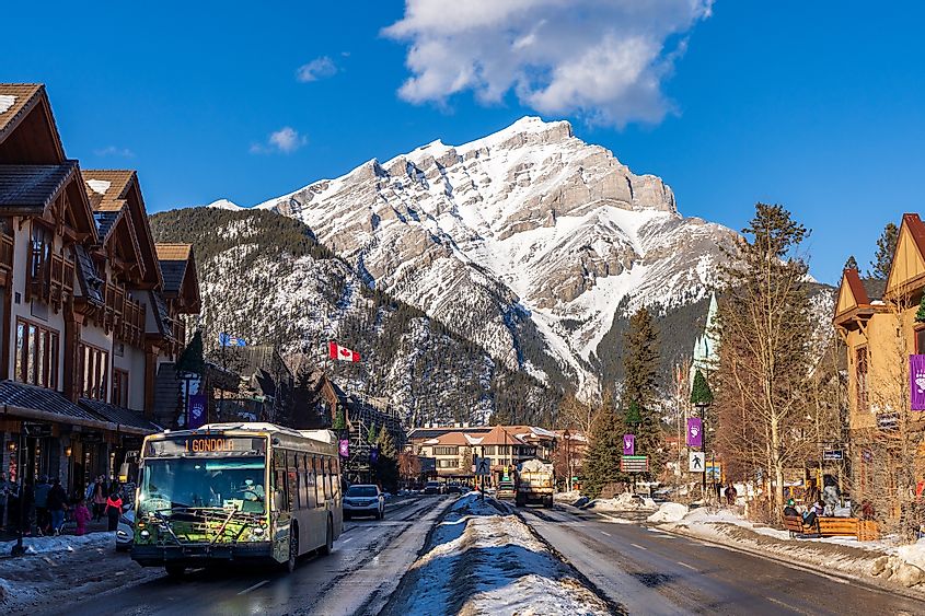 Downtown Banff Avenue in a winter sunny day,