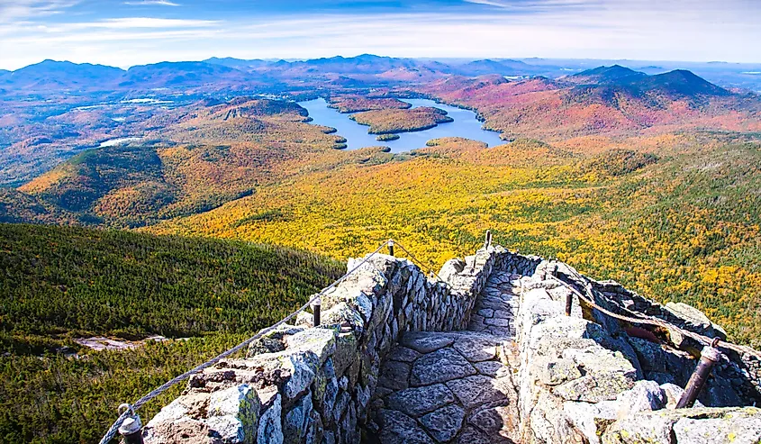 A view of Lake Placid on a sunny autumn day as seen by looking south west from the summit of Whiteface Mountain in Adirondack National Park, Upper New York