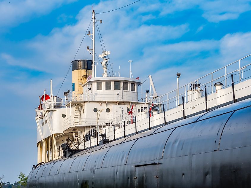 SS Meteor is the sole surviving ship of the unconventional "whaleback" design. She is on the beach at Superior, Wisconsin.