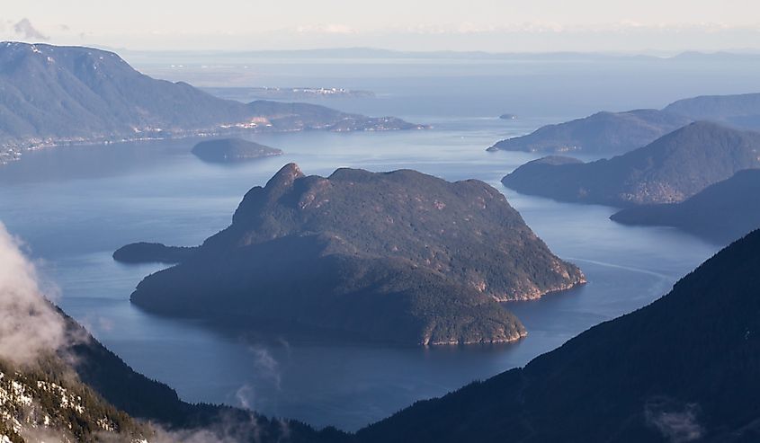 Aerial view of Anvil, Gambier, Bowen and Bowyer Island in Howe Sound. Taken North of Vancouver, British Columbia, Canada.