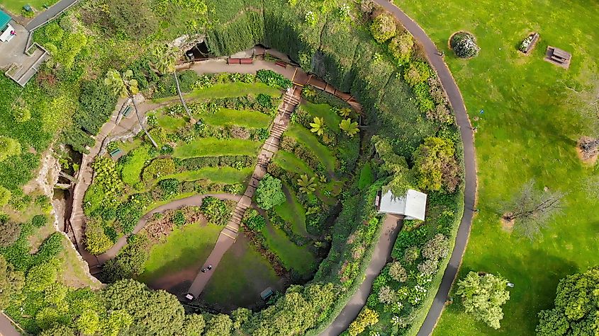 Aerial view of Umpherston Sinkhole in Mt Gambier, Australia.