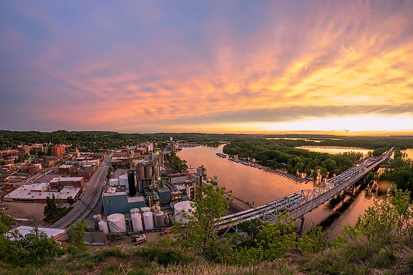 A fisheye view of a dramatic spring sunset over the Mississippi River and rural Red Wing, Minnesota