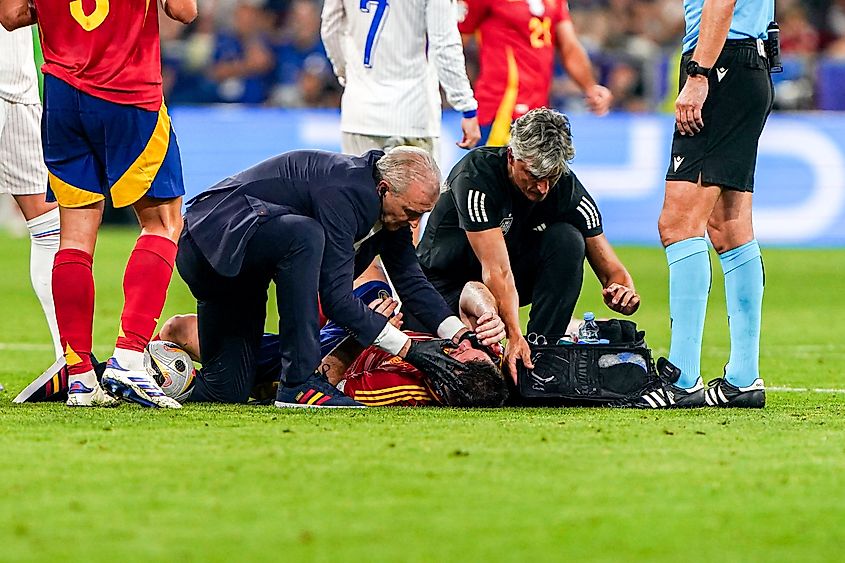 ymeric Laporte in medical treatment due to injury during the UEFA EURO 2024 Semi Final match between Spain and France