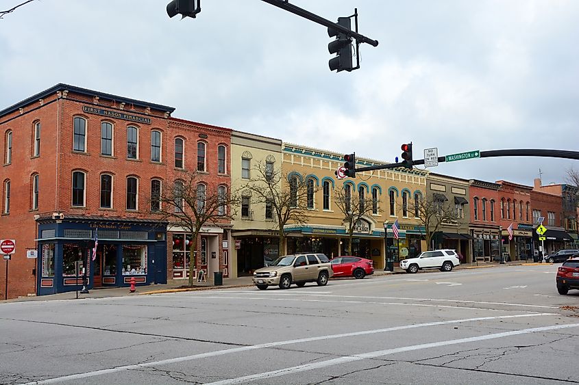 Historic buildings in downtown of Medina, Ohio at autumn.