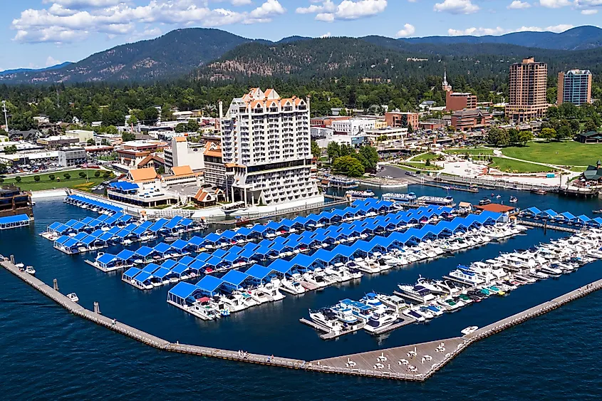 Aerial view of Coeur d'Alene resort and marina in Coeur d'Alene, Idaho