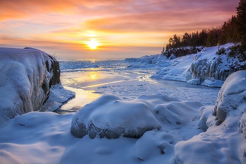 Frozen Lake Superior at Presque Isle Park in Marquette, Michigan.