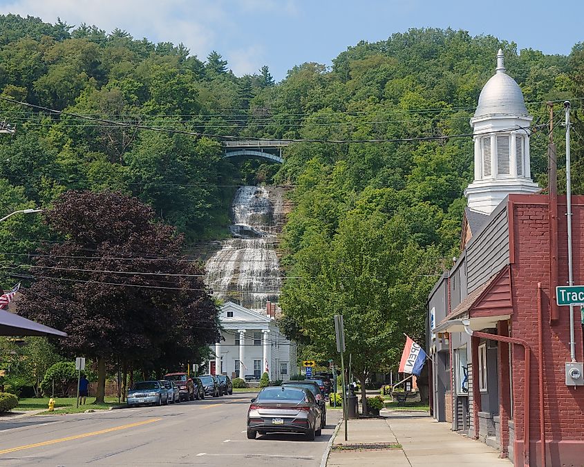 MONTOUR FALLS, NEW YORK - JULY 24, 2024: Chequaga (Sheguaga) falls in Montour Falls New York, easily viewed in town, photographed on July 24, 2024.