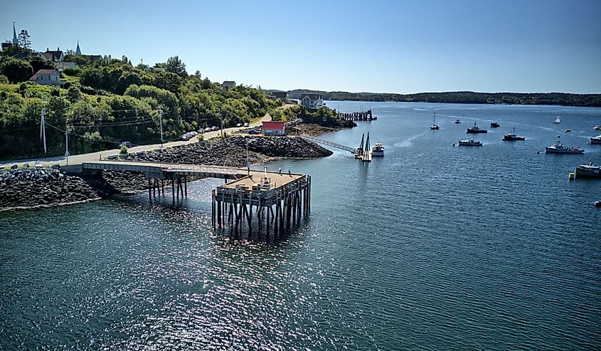 Aerial view of Lubec, Maine's historic waterfront.