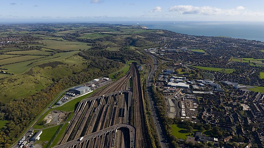 The Channel Tunnel railway tunnel between France and the United Kingdom.