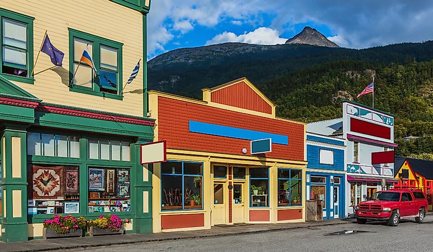 Skagway, Alaska, historic buildings with mountains in the background