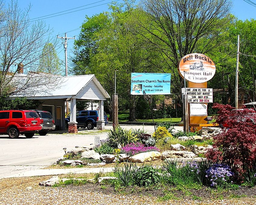 Garden in front of the Bell Buckle Banquet Hall and Theatre in Bell Buckle, Tennessee, United States.