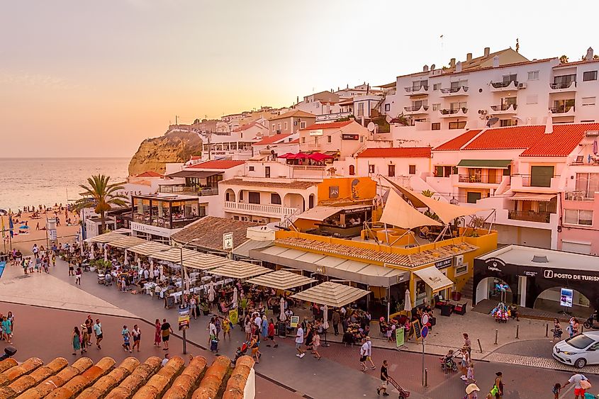 The city center of Carvoeiro, Portugal during sunset.