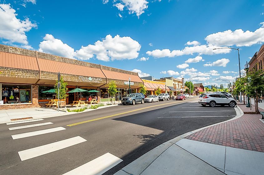 First Avenue, the main street through the downtown area of Sandpoint, Idaho, on a summer day, via Kirk Fisher / Shutterstock.com