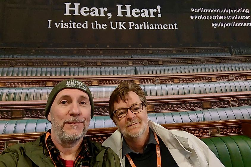 Author Bryan Dearsley and friend in the Houses of Parliament London Image credit Ade