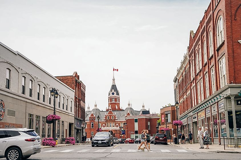 Red brick city hall with a clock tower in the scenic historic center in Stratford, Ontario