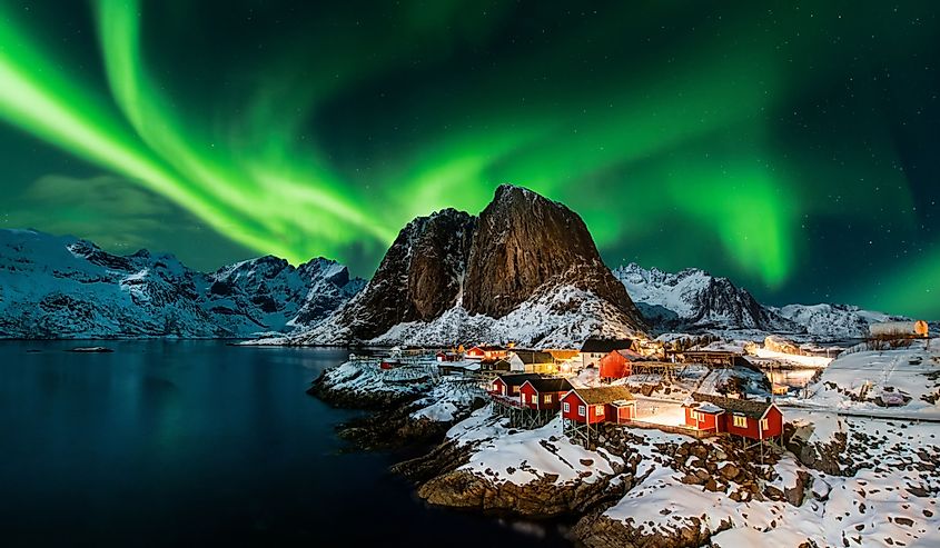 Aerial view of Aurora borealis over Hamnoy in Norway