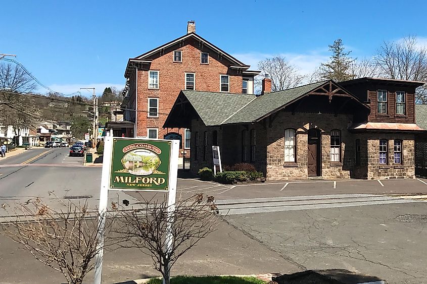 View of Bridge Street, by Railroad Avenue, in Milford, New Jersey.