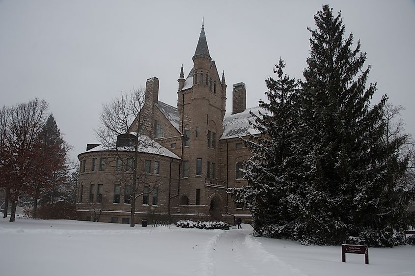 Spires of Peter's Hall at Oberlin College, during a snowstorm, from N Professor Street.