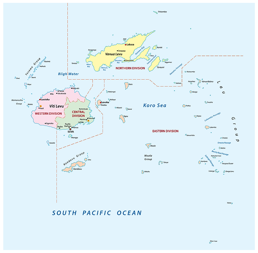 その4部門とスバの首都を示すフィジーの政治地図。