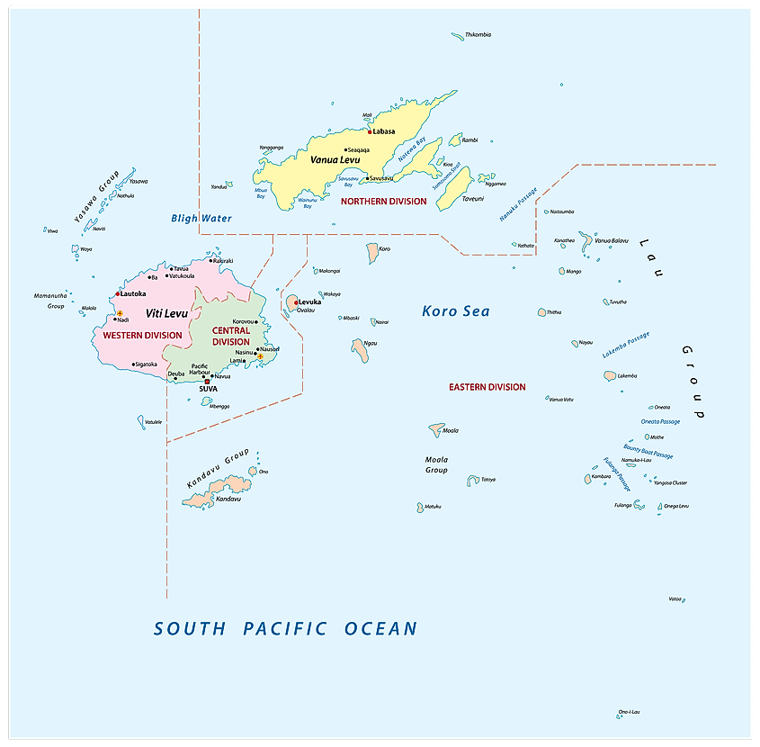 Mappa politica delle Figi che mostra le sue 4 divisioni e la capitale di Suva.