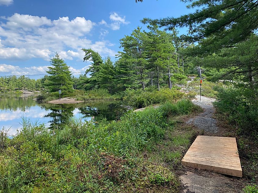 A flat forest lake sits beside a single track nature trail traversing a granite landscape