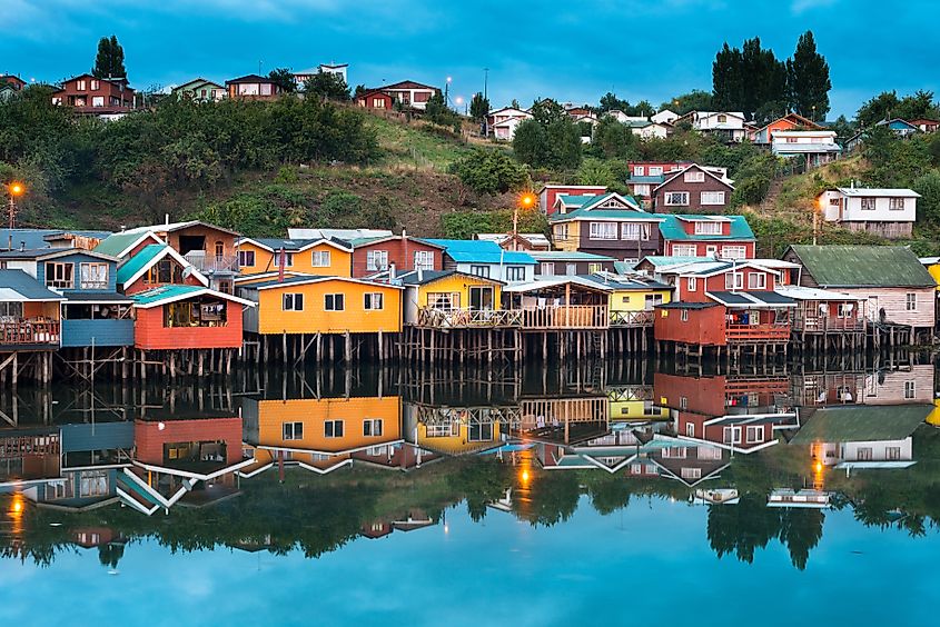 Traditional stilt houses, known as palafitos, in the city of Castro on Chiloé Island in Southern Chile.