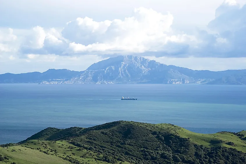 The Strait of Gibraltar seen from Tarifa, Spain, with the Moroccan coast beyond.