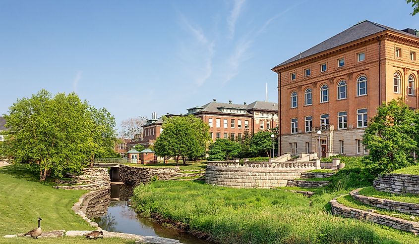 Boneyard Creek and campus buildings on the campus of the University of Illinois