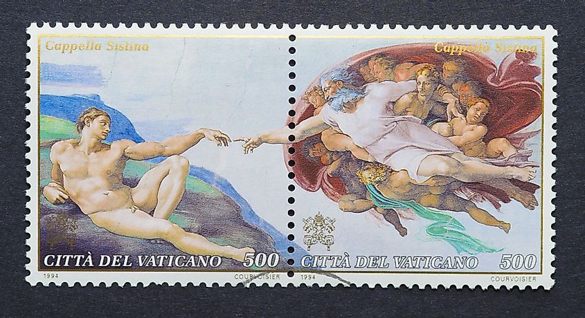 A postage stamp printed in Vatican City showing a scene of The Sistine Chapel frescoes in the Vatican by Michelangelo Buonarroti