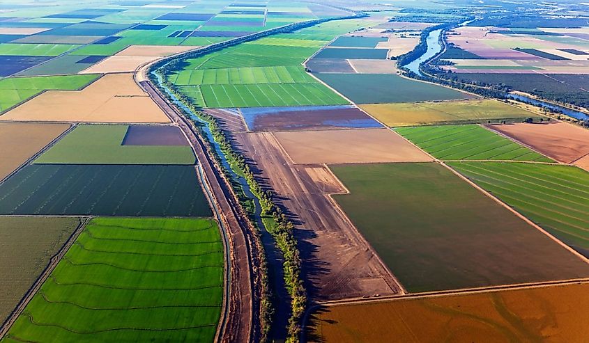 Aerial view of Sacramento river and Central Valley near Sacramento, California.