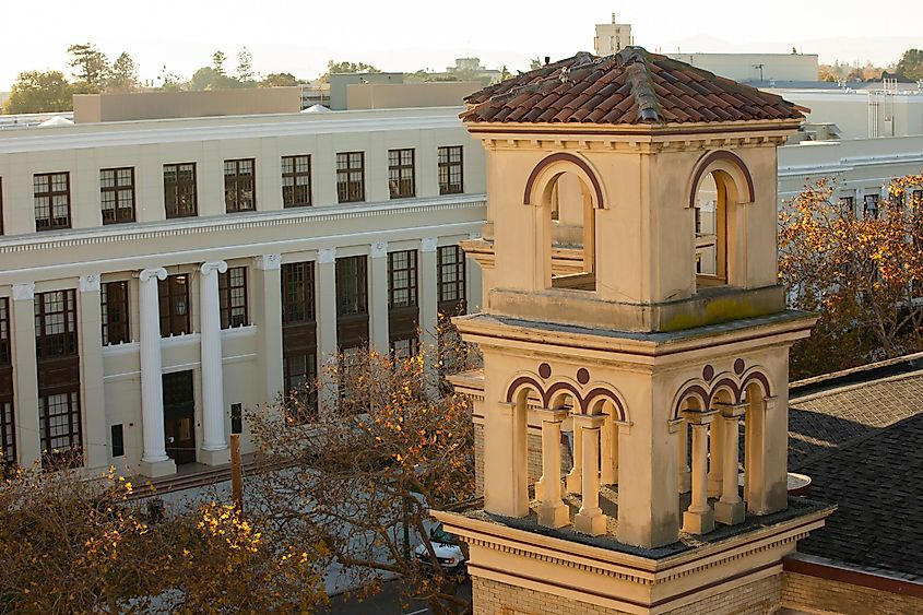 historic church and downtown of the bay area city of Alameda, California, USA.