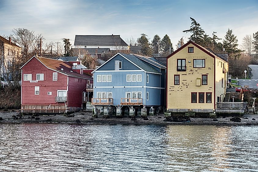 Three old buildings anchor the waterfront strip of downtown Coupeville on Whidbey Island in Washington State