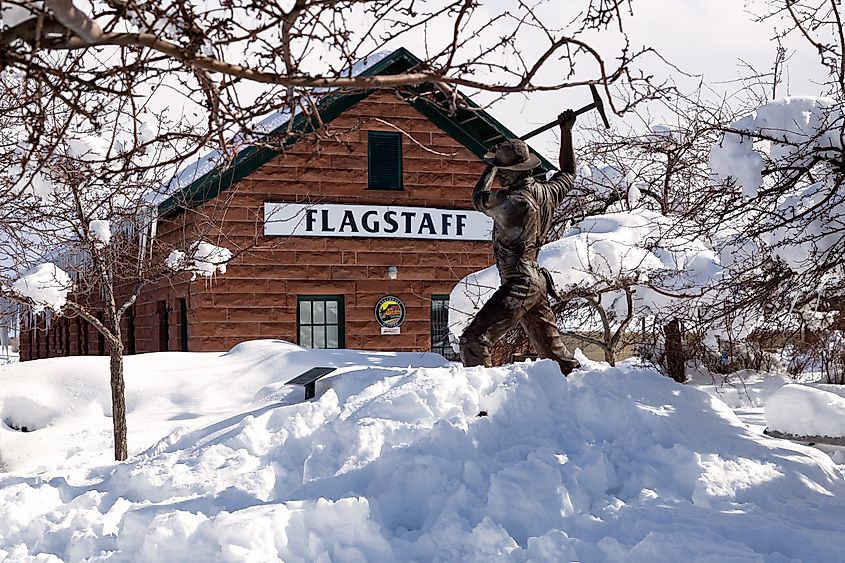 Sculpture on Record Snow Day in Downtown Flagstaff, Arizona.