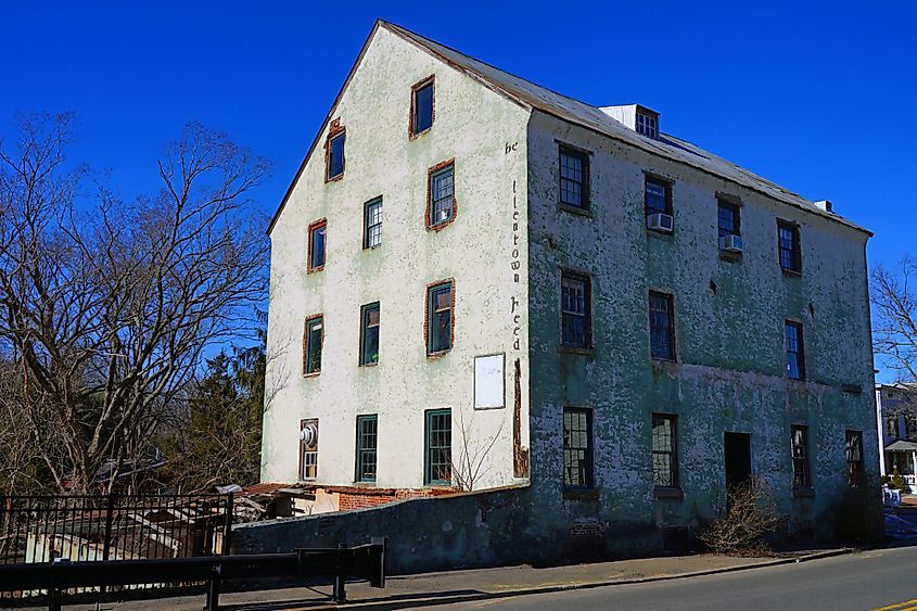 View of the landmark Old Mill Allentown Feed in Allentown, New Jersey. Editorial credit: EQRoy / Shutterstock.com