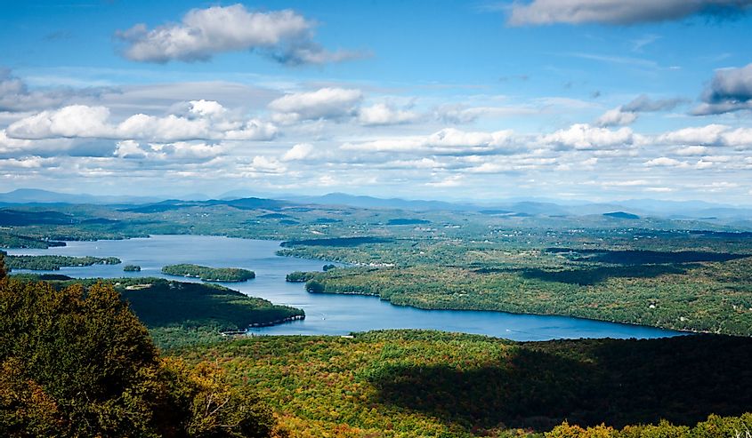 Aerial view of Sunapee Lake with fall foliage
