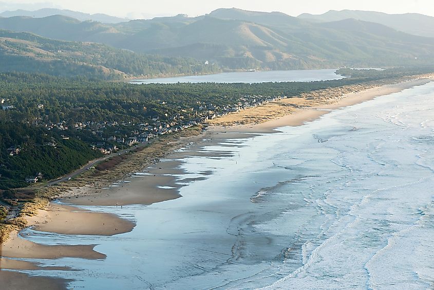 Aerial view of the beach town of Manzanita, Oregon.