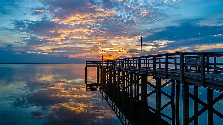 Bayfront Park Pavilion in Daphne, Alabama at sunset.