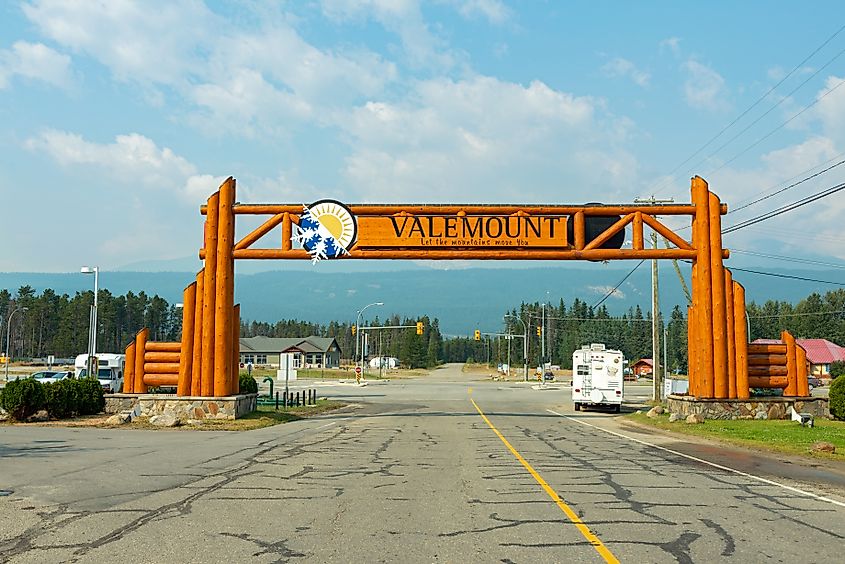 Sign welcoming visitors to Valemount, British Columbia