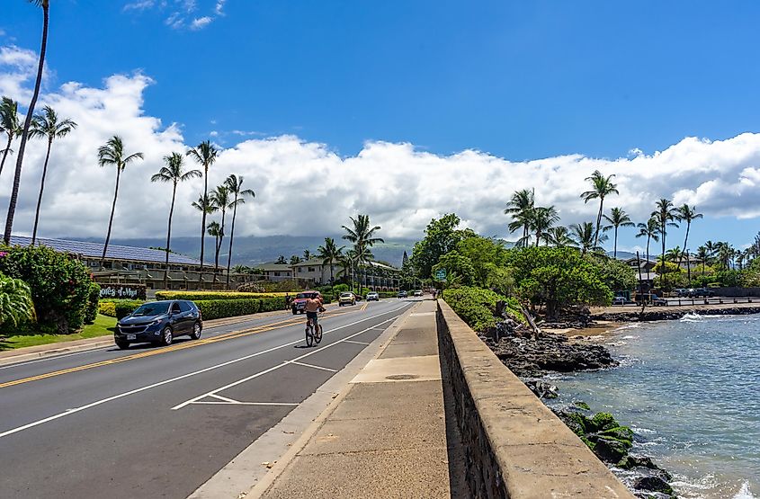 South facing view of S. Kihei Road in the town of Kihei, Hawaii on the island of Maui, via Felipe Sanchez / Shutterstock.com