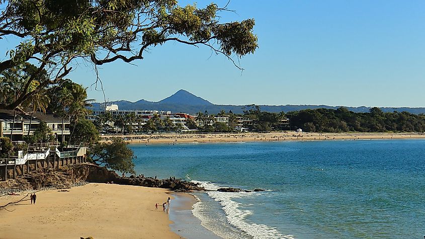 Scenic view of Little Cove Beach and Noosa Heads main beach, with Cooroy Mountain in the background,